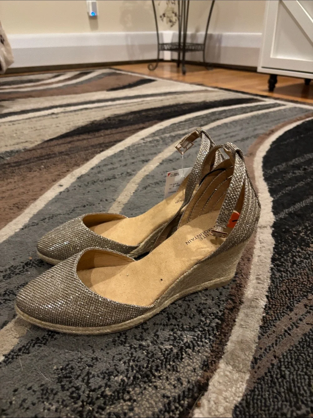 White Mountain Silver Espadrille Wedge Ankle-Strap Flats